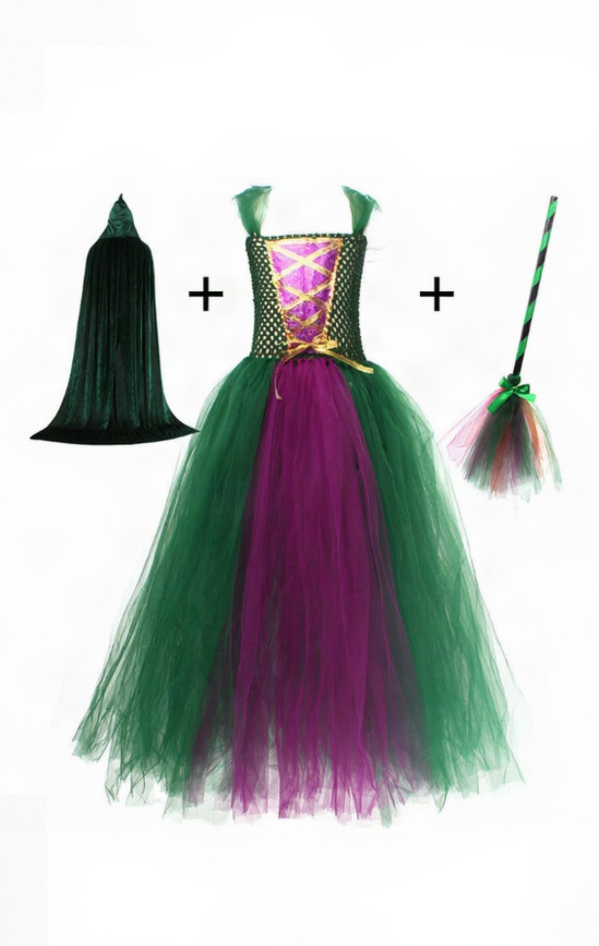 Halloween costume set with dress, cape, and broom on a white background