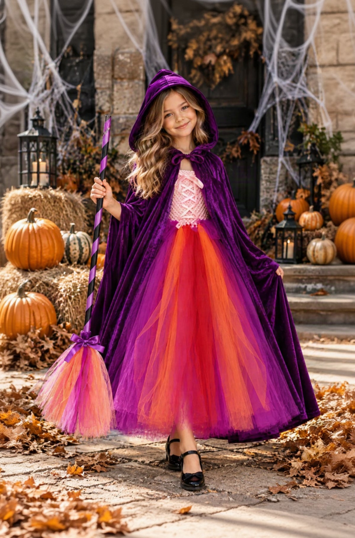 A young girl modeling a Halloween witch costume consisting of a deep purple velvet hooded cape and a layered tulle skirt in pink, orange, and red. She holds a purple and pink broomstick in front of a decorated autumn yard with pumpkins and cobwebs.