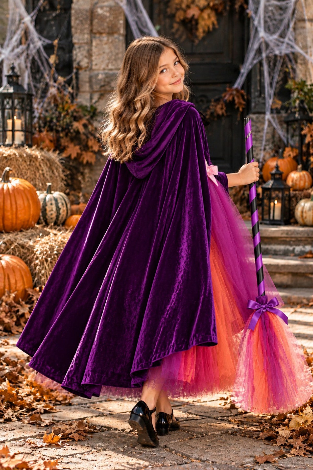 A young girl wearing a purple velvet hooded cape with a pink and orange tulle hem, holding a purple and orange broomstick, posed in a Halloween-themed outdoor setting with pumpkins, cobwebs, and autumn leaves.