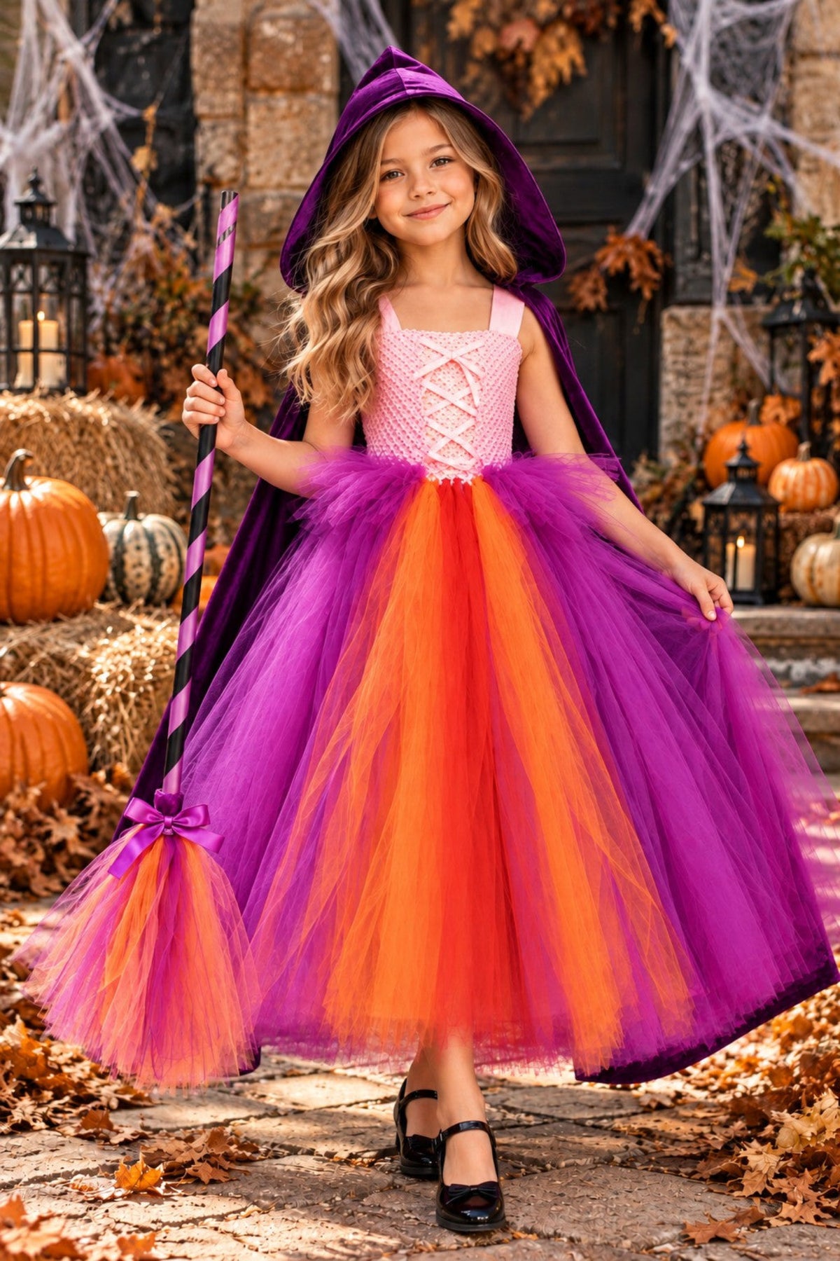 A young girl modeling a Halloween witch costume, featuring a purple pointed hat and cape, a pink lace-up bodice, and a layered orange and purple tutu skirt. She is holding a purple and black broomstick in a decorated autumn yard with pumpkins, hay bales, and cobwebs.