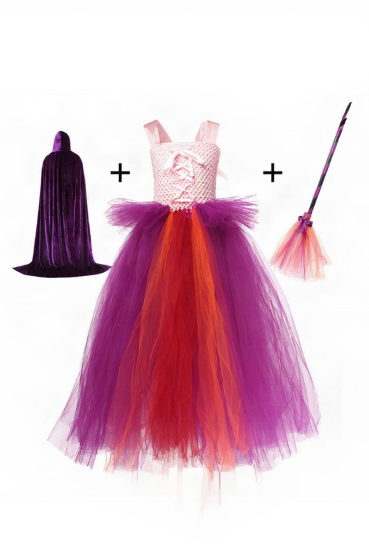 Colorful tutu dress with a black cape, pink wand, and broom on a white background