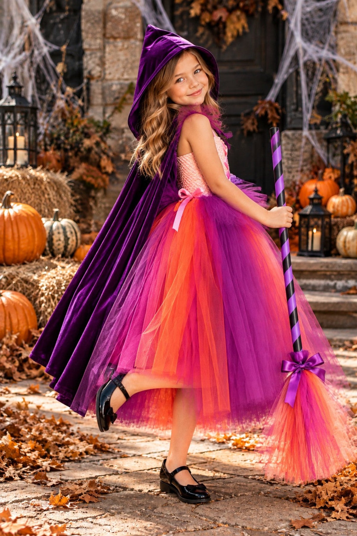 A young girl wearing a Halloween witch costume stands outdoors in a decorated autumn yard. The costume includes a purple hooded cape, a pink and orange tulle tutu dress, and black shoes.
