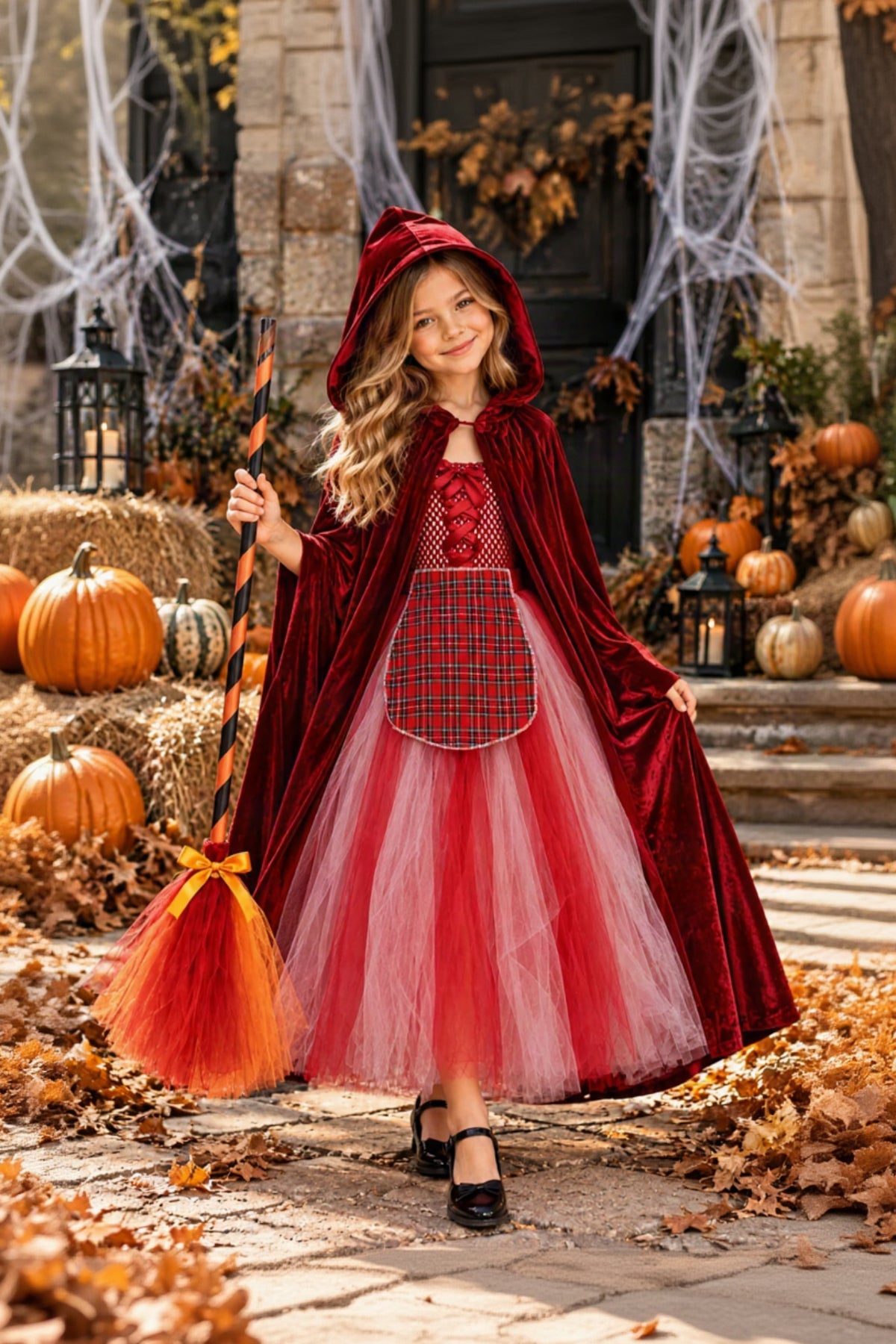 A young girl wearing a Red Riding Hood Halloween costume stands outdoors in a fall-themed setting with pumpkins, hay bales, and cobwebs. The costume includes a deep red velvet hooded cape, a red and black plaid bodice, and a layered red and pink tulle skirt.