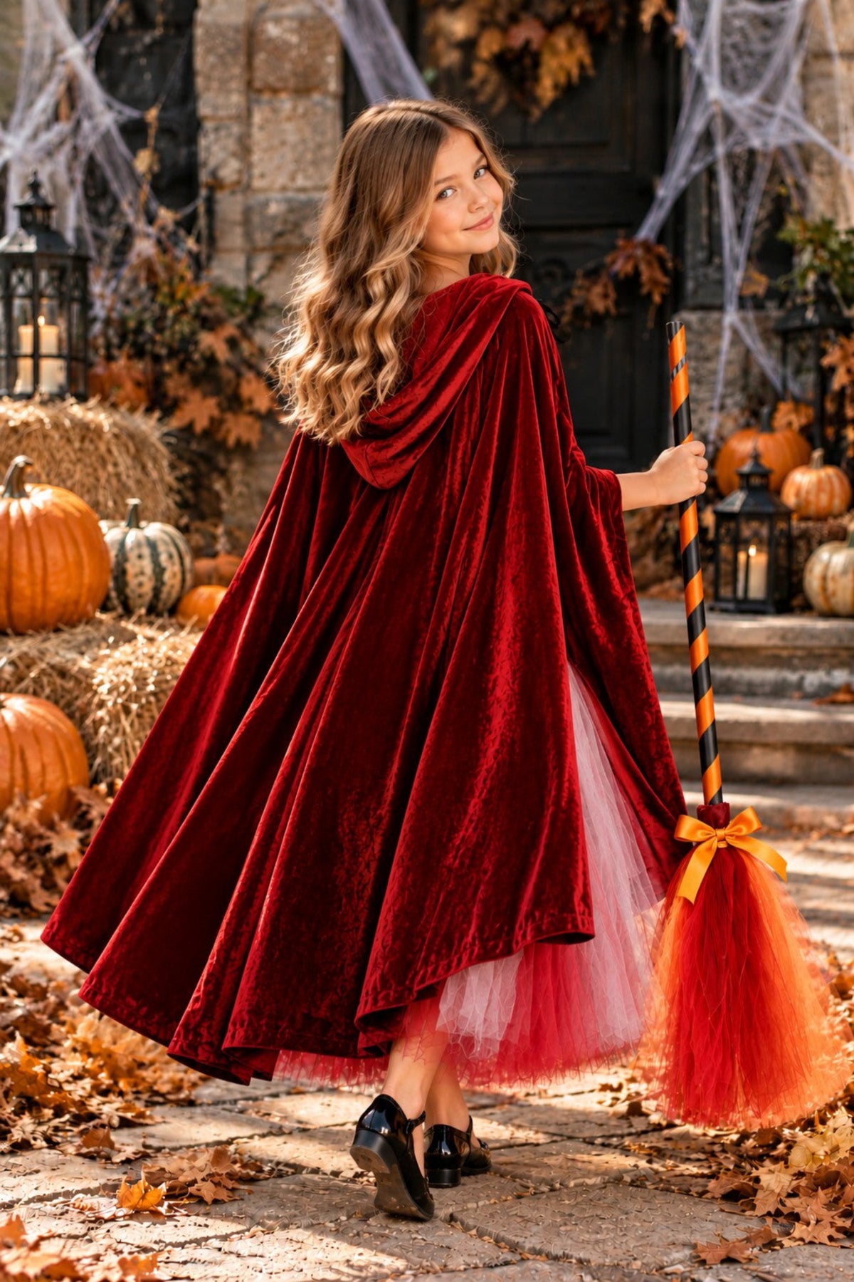 A woman wearing a deep burgundy velvet cape with a layered pink tulle hem, standing outdoors in an autumn setting with pumpkins, cobwebs, and a broom.