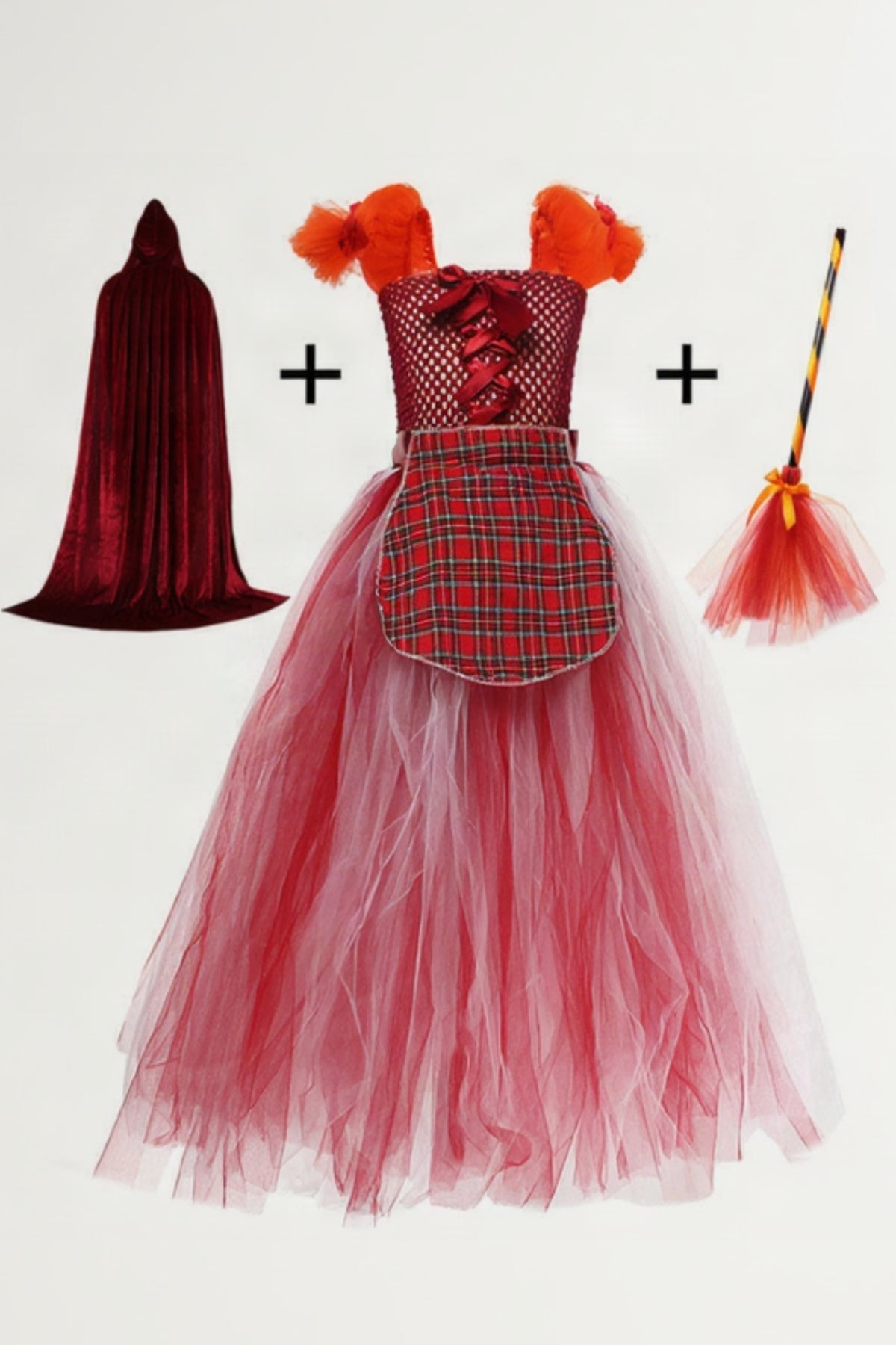 Red dress with plaid skirt, red cape, and broom on a white background