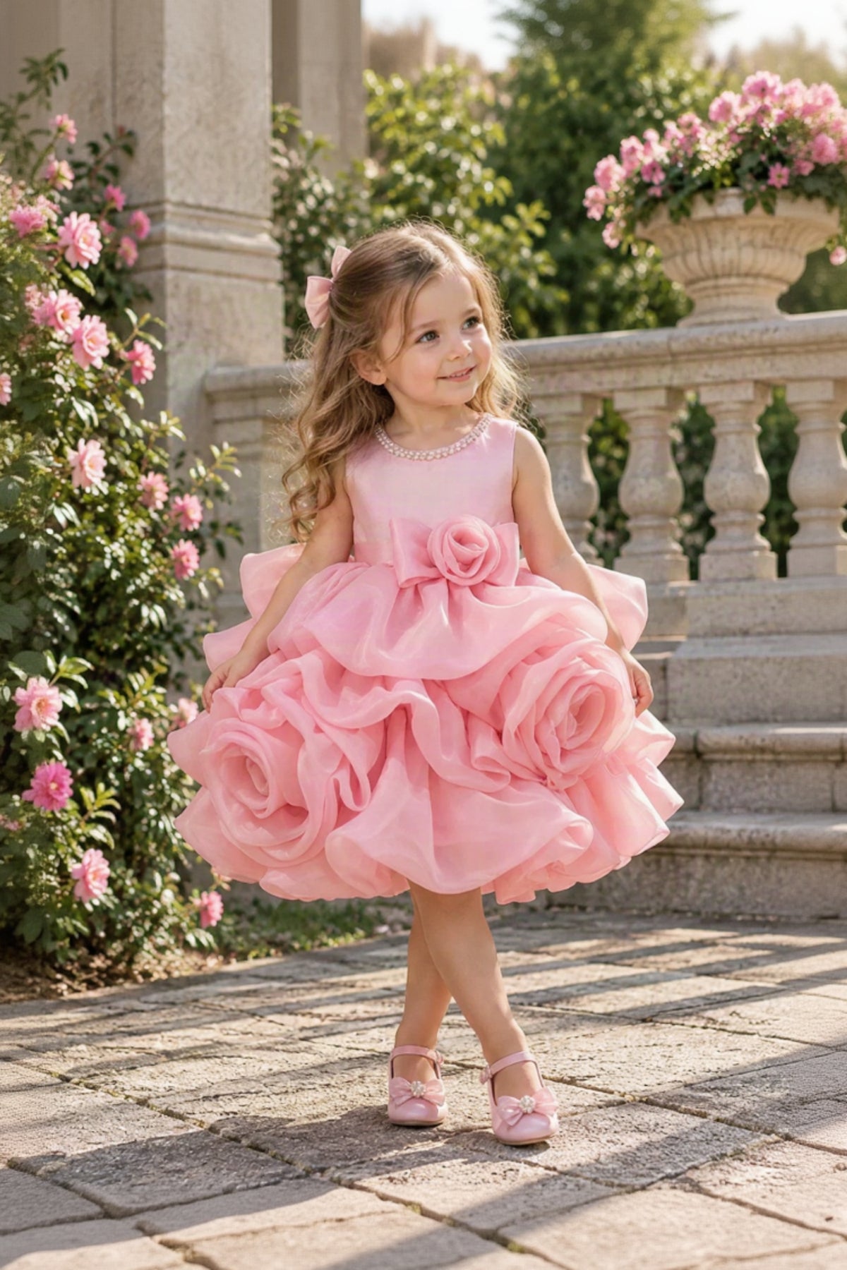 A young girl with long wavy brown hair wearing a pink sleeveless party dress with a large rose applique and matching pink shoes, standing on a stone terrace in a garden setting.