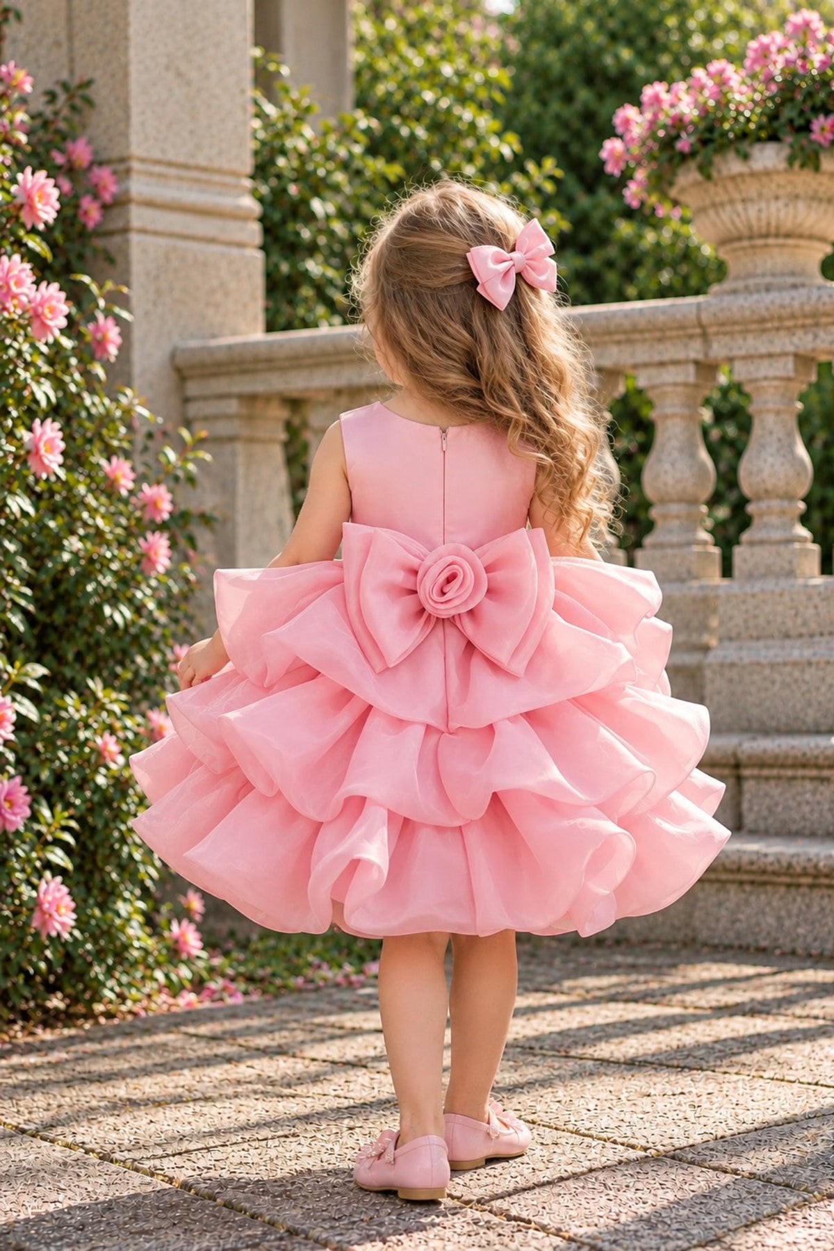A young girl viewed from behind wearing a light pink sleeveless dress with a large layered ruffle skirt and a matching bow in her hair, standing on a stone walkway in a garden setting.