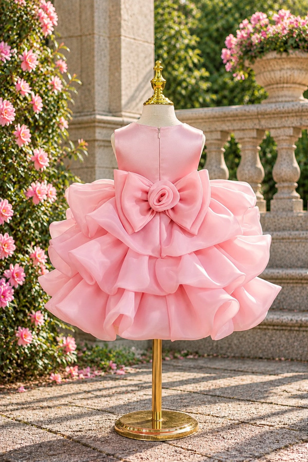 A light pink girls' party dress displayed on a gold dress form stand in an outdoor garden setting with stone steps and pink flowers.