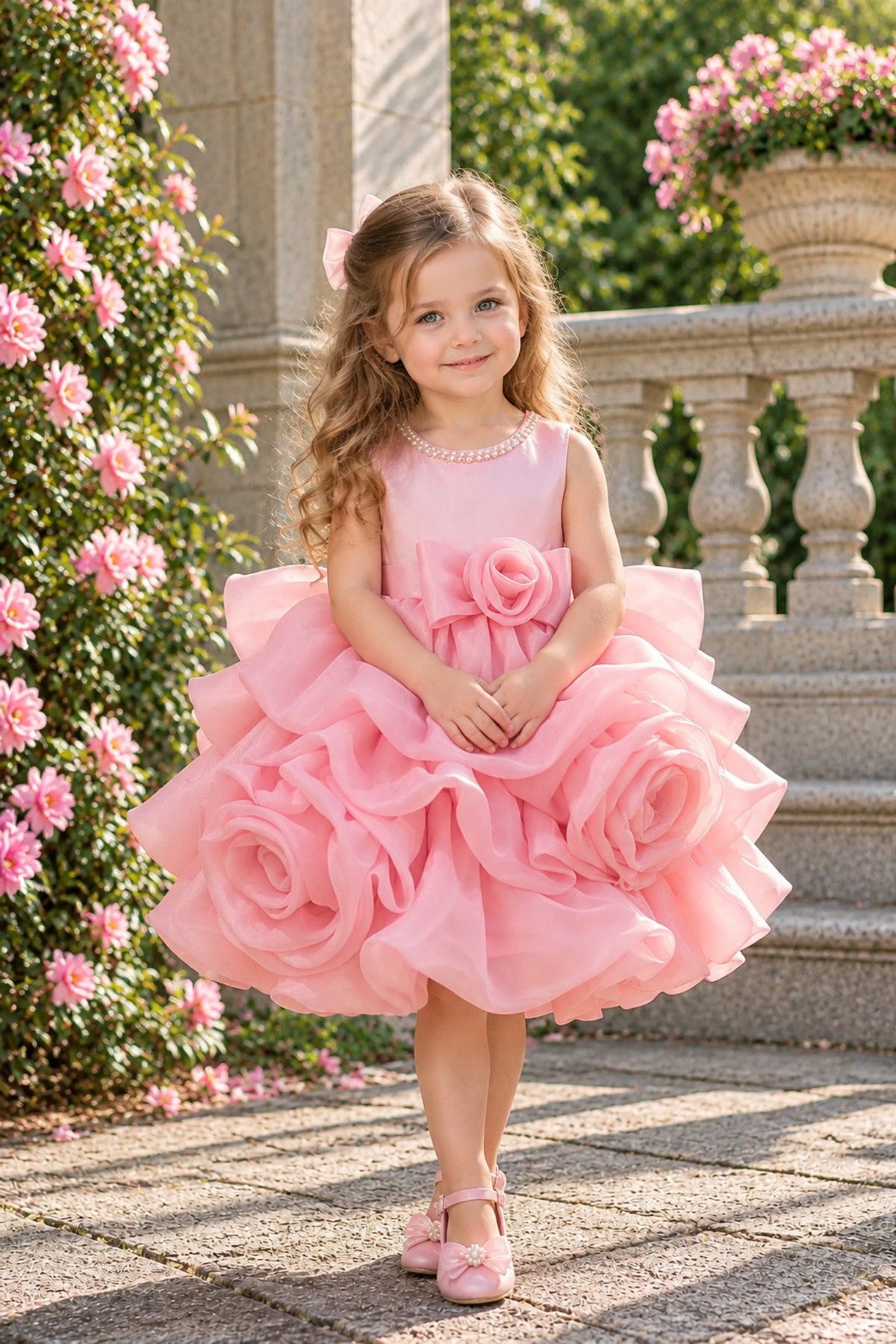 A young girl with long wavy brown hair stands outdoors in a garden wearing a pink sleeveless party dress with a large ruffled flower waist detail and a full tiered tulle skirt. She is wearing pink shoes and has a small pink bow in her hair.
