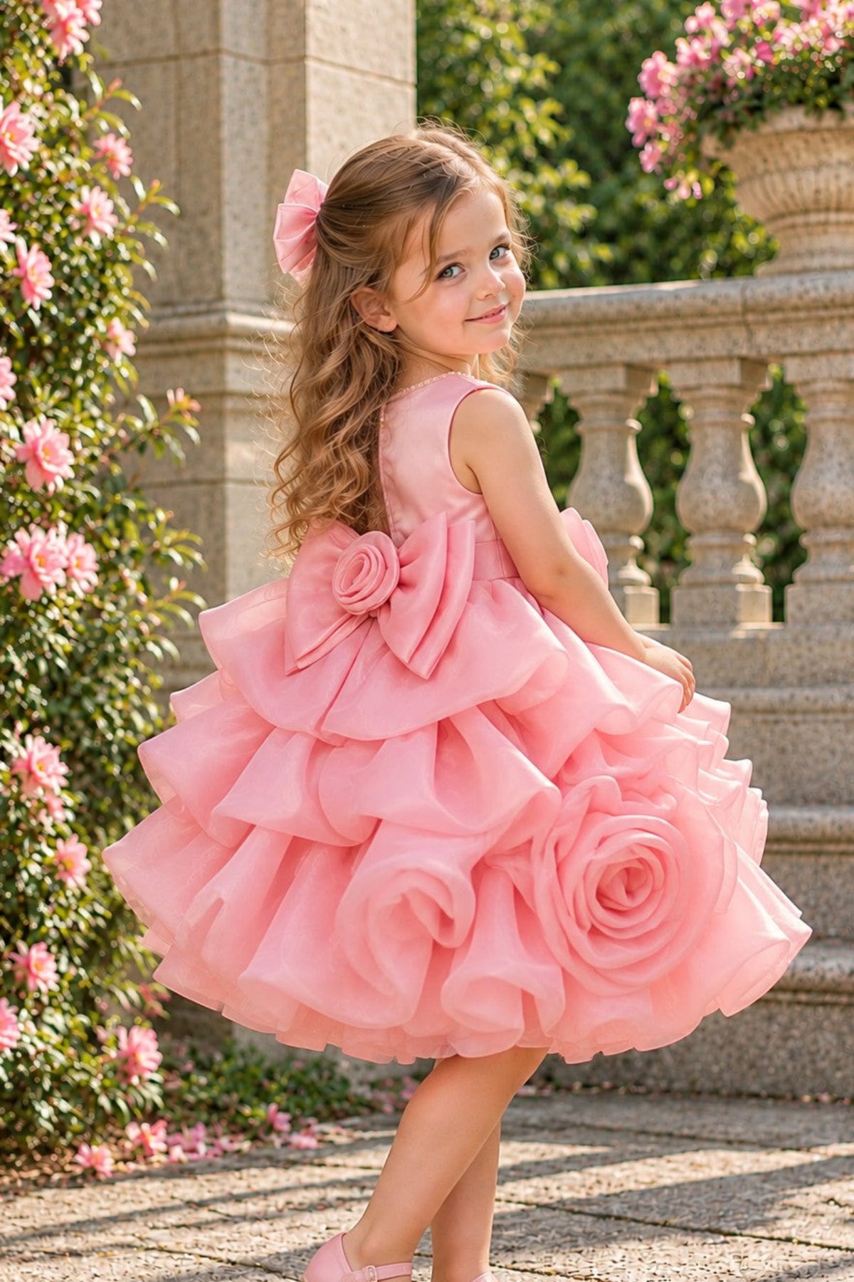 A young girl with long wavy brown hair wearing a pink sleeveless ruffled flower girl dress with a large bow and matching pink shoes, standing outdoors on a stone terrace with pink flowers and greenery in the background.