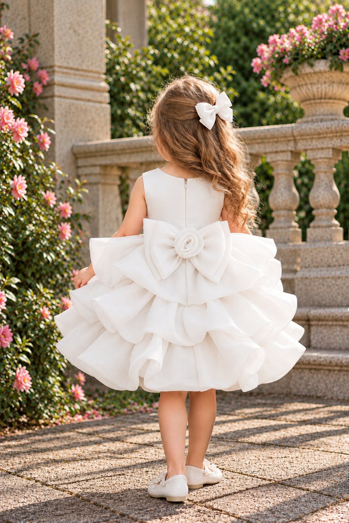 A young girl viewed from behind wearing a white sleeveless party dress with a large layered ruffle back and matching white bow in her hair, standing outdoors on a stone walkway with flowers and a balustrade in the background.