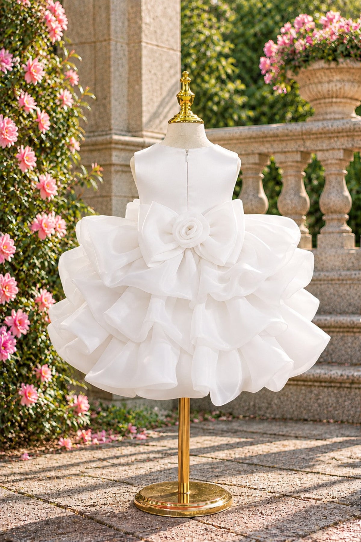 A white ruffled flower girl dress displayed on a gold dress form mannequin outdoors in front of a stone balustrade and pink flowering bushes.