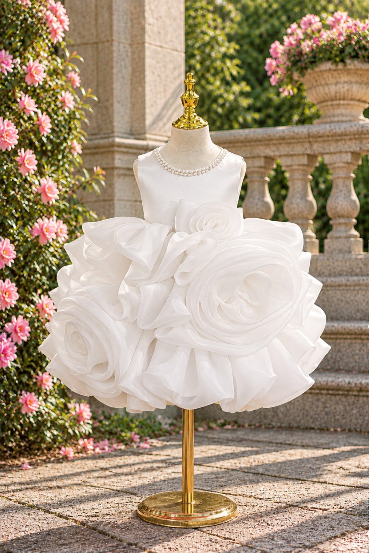 A white flower girl dress with large ruffled fabric roses displayed on a gold dress form mannequin in an outdoor garden setting.