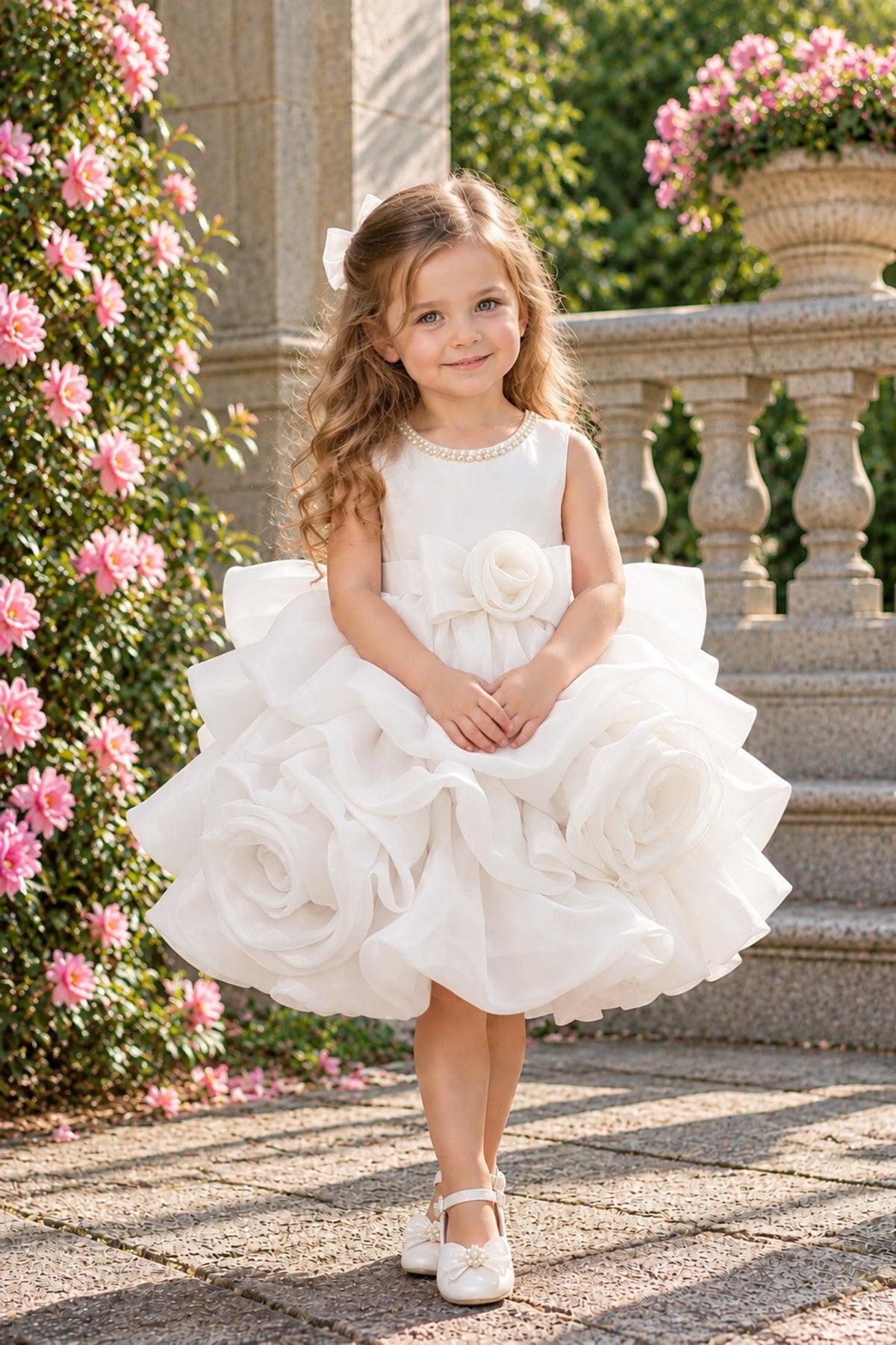 A young girl with long wavy brown hair stands on a stone terrace wearing a sleeveless white flower girl dress with large fabric roses and white shoes. Pink flowers and green foliage are visible in the background.