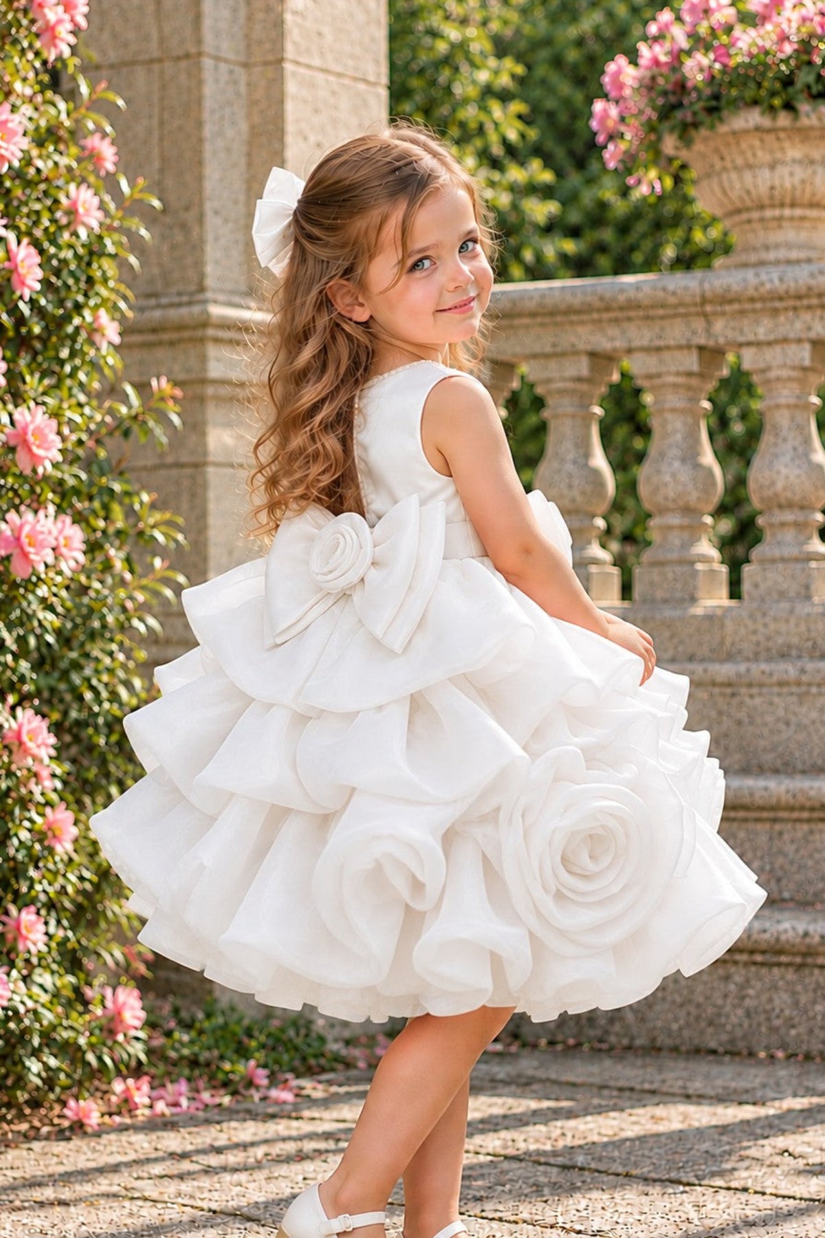 A young girl with long light brown hair wearing a white tiered ruffle flower girl dress with a large bow on the back and white ballet flats, posing outdoors in front of a stone balustrade and pink flowers.