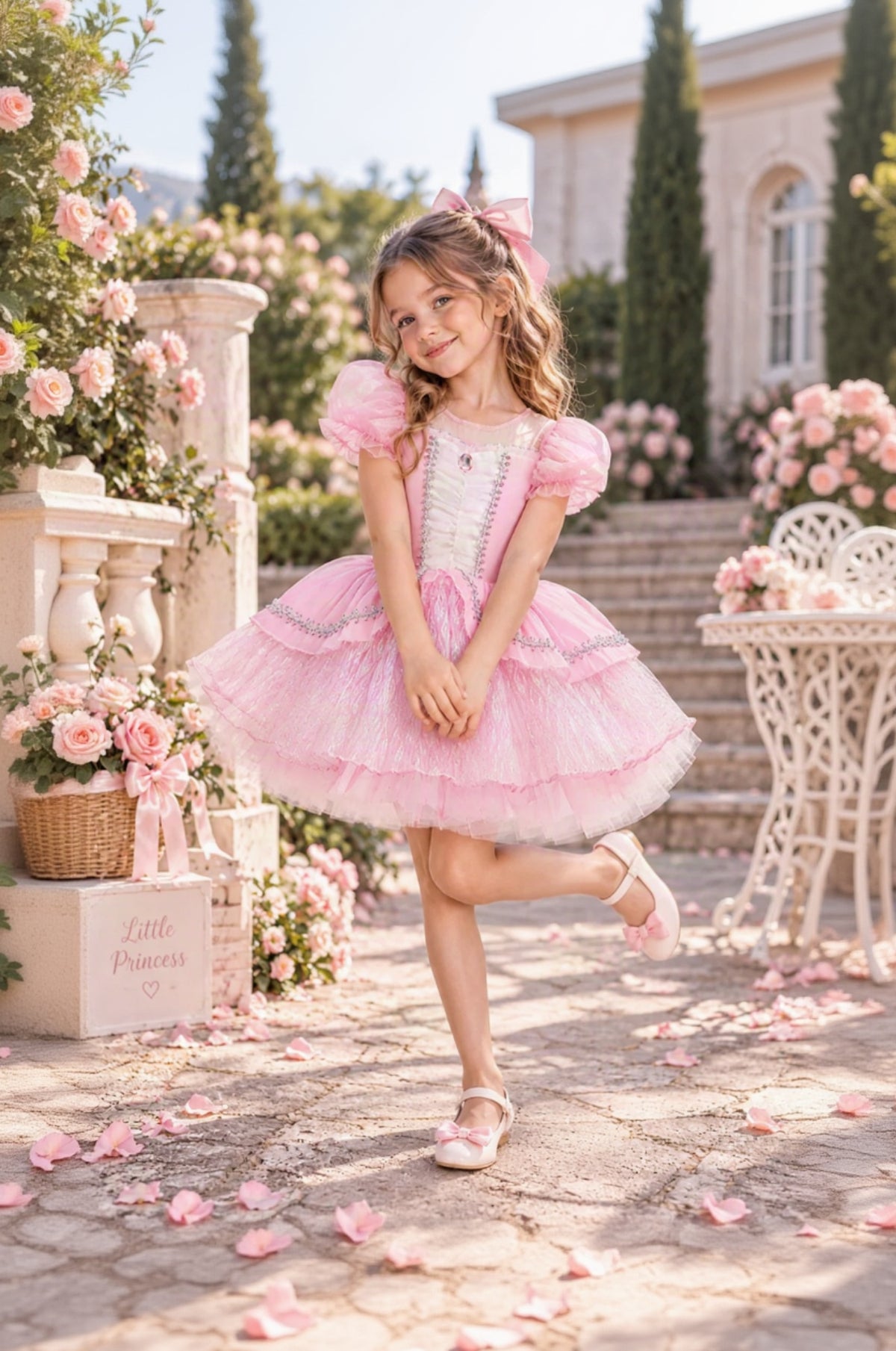 A young girl with long wavy brown hair wearing a pink princess tutu dress with puff sleeves, a white corset-style bodice, and a layered tulle skirt, posing outdoors on a stone path surrounded by pink roses and garden statues.