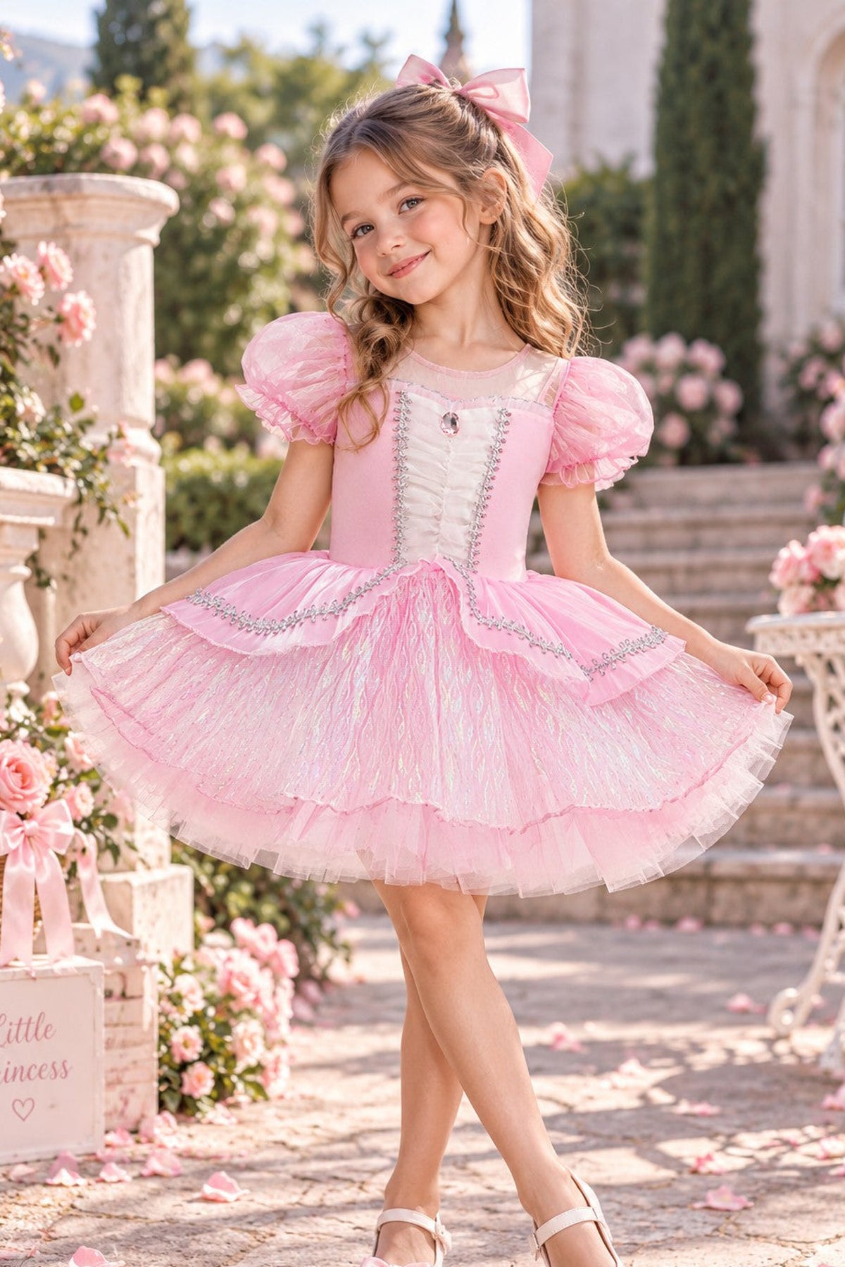 A young girl modeling a pink princess tutu dress with puff sleeves, a white corset-style bodice, and a layered tulle skirt, standing in an outdoor garden setting with pink roses.