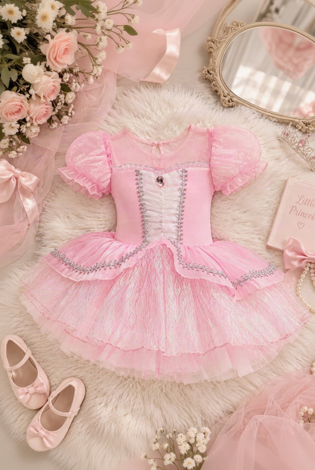 A pink baby girl's princess dress with puff sleeves, a lace-up corset-style bodice with silver trim, and a layered tulle tutu skirt, styled on a white faux fur rug with pink shoes, flowers, and a tiara.