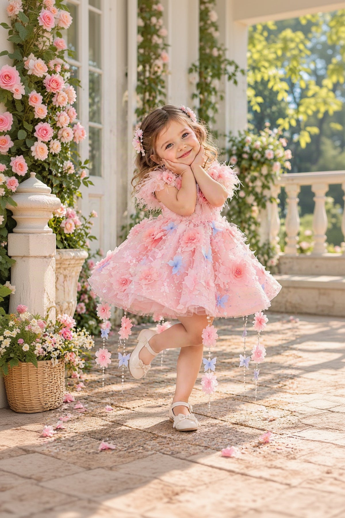 Girls Pink Floral Tulle Princess Dress – 3D Flower Butterfly Party Dress for Special Occasions