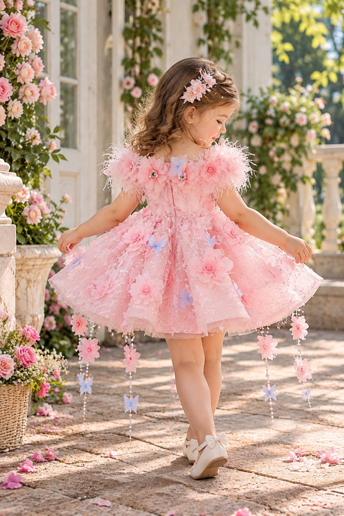 Girls Pink Floral Tulle Princess Dress – 3D Flower Butterfly Party Dress for Special Occasions