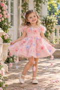 Girls Pink Floral Tulle Princess Dress – 3D Flower Butterfly Party Dress for Special Occasions