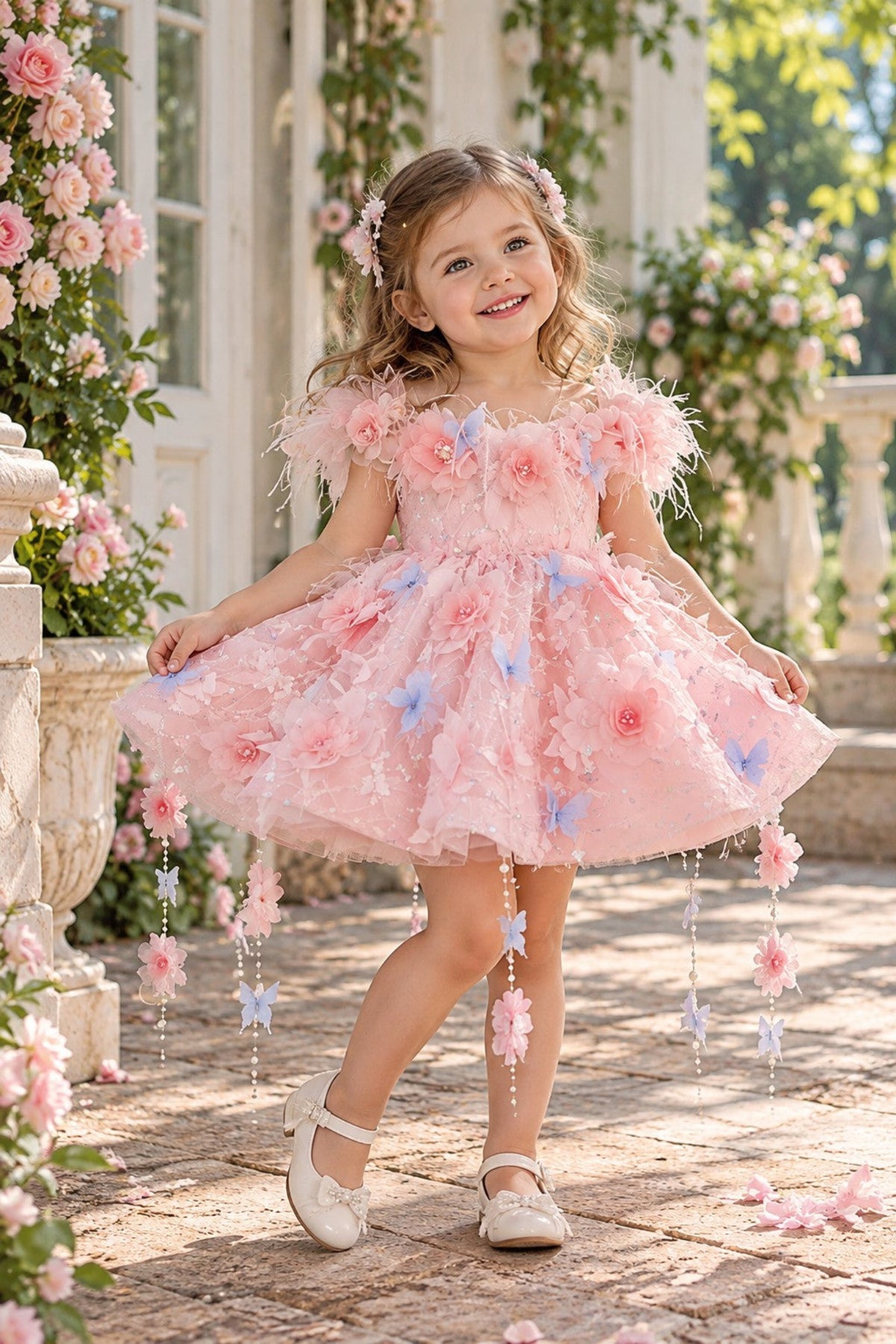 Girls Pink Floral Tulle Princess Dress – 3D Flower Butterfly Party Dress for Special Occasions