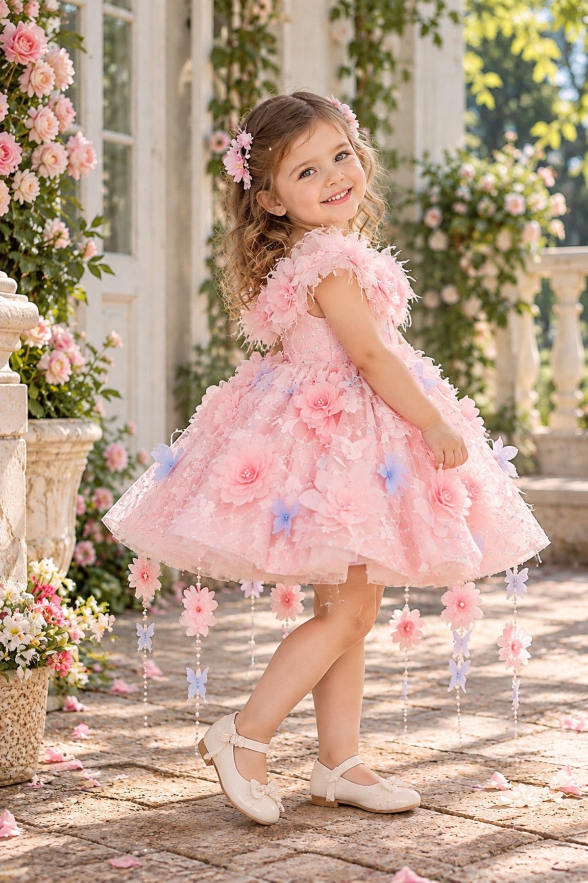 Girls Pink Floral Tulle Princess Dress – 3D Flower Butterfly Party Dress for Special Occasions