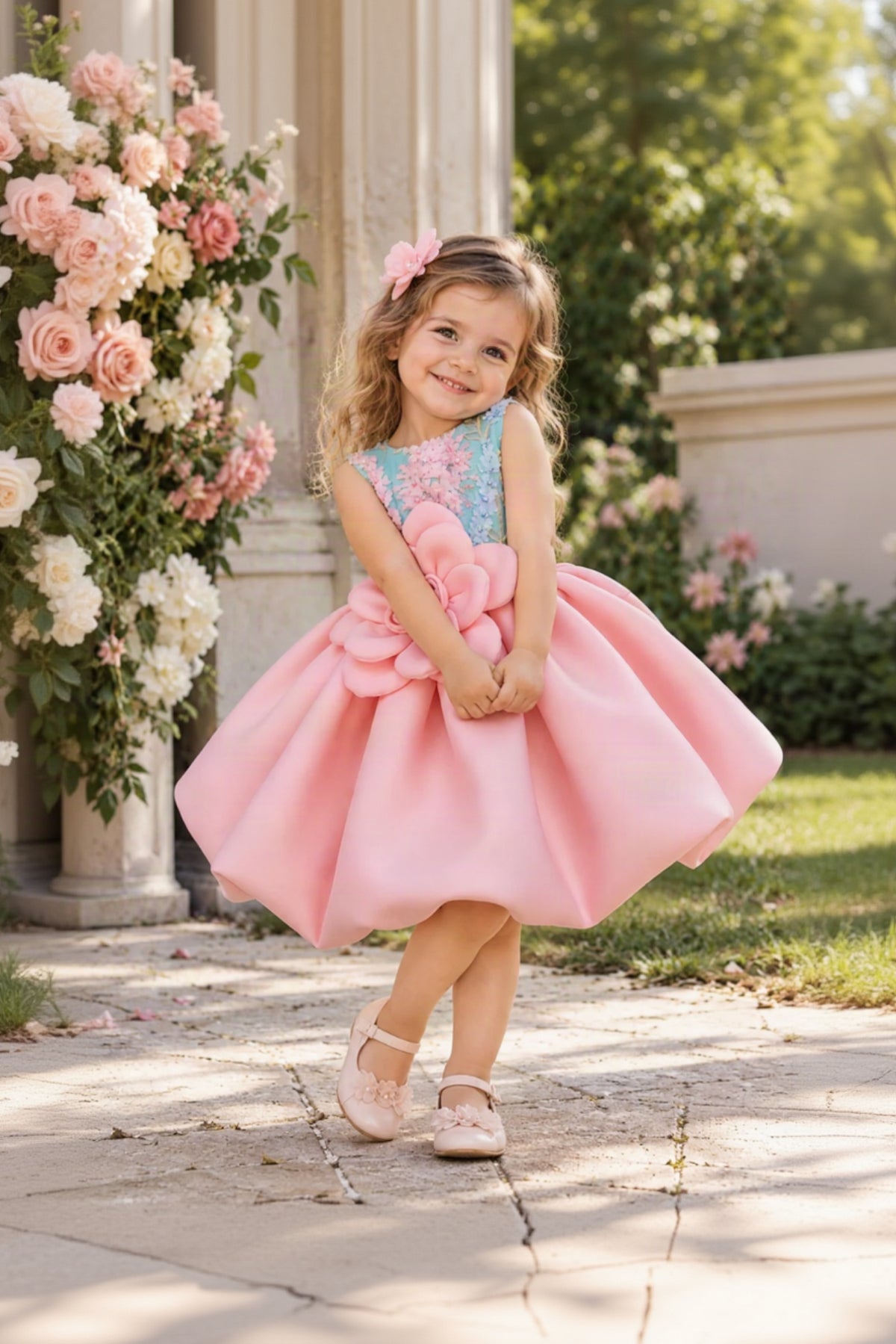 A young girl with blonde hair wearing a pink and blue floral dress with a large flower waist detail, standing outdoors in a garden setting.