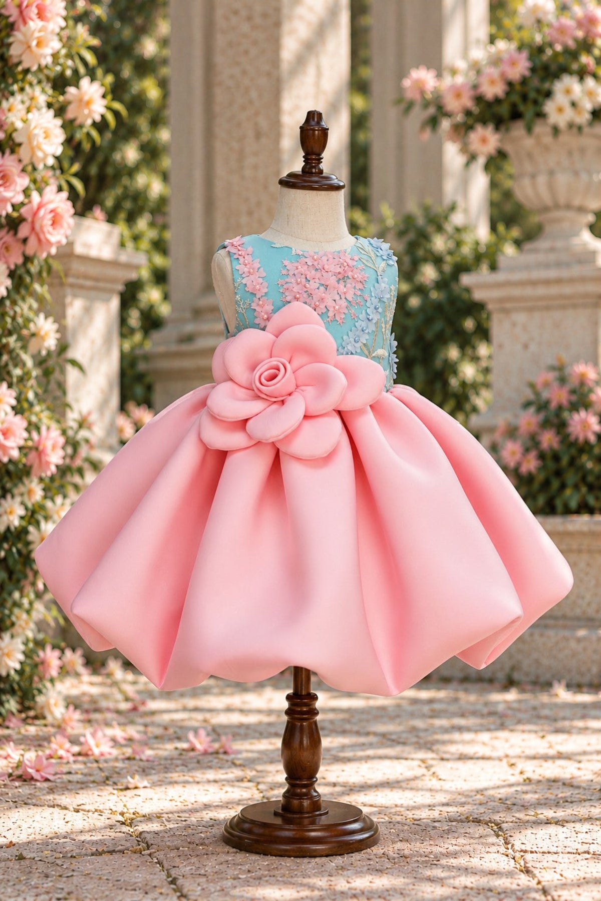 A pink and light blue flower girl dress displayed on a mannequin outdoors. The dress features a light blue lace bodice with pink floral embroidery, a large pink fabric flower applique at the waist, and a voluminous pink skirt.
