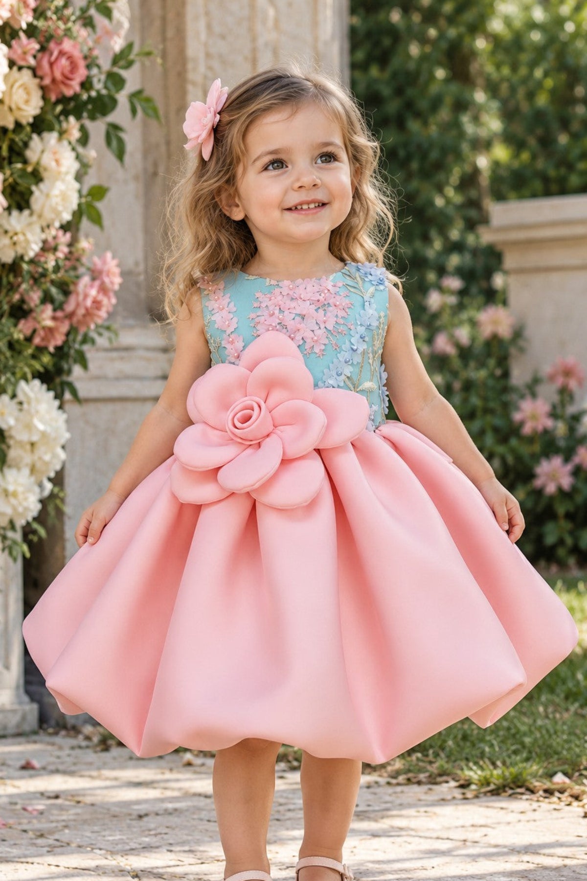 A young girl stands outdoors wearing a sleeveless pink and light blue dress with a large pink fabric flower at the waist and a full pink skirt. She has a pink flower hair clip and is posing in front of a garden background.