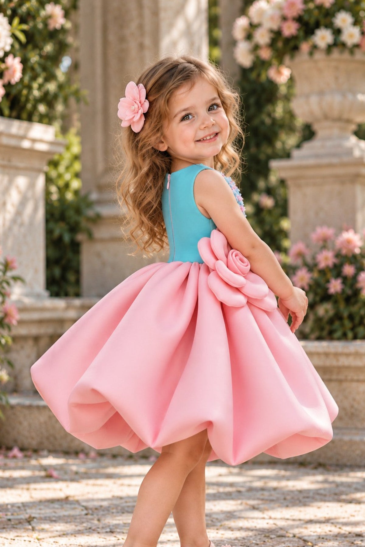 A young girl with curly brown hair wearing a sleeveless two-piece dress with a turquoise blue bodice and a voluminous pink skirt with a large flower detail, standing in a garden courtyard.