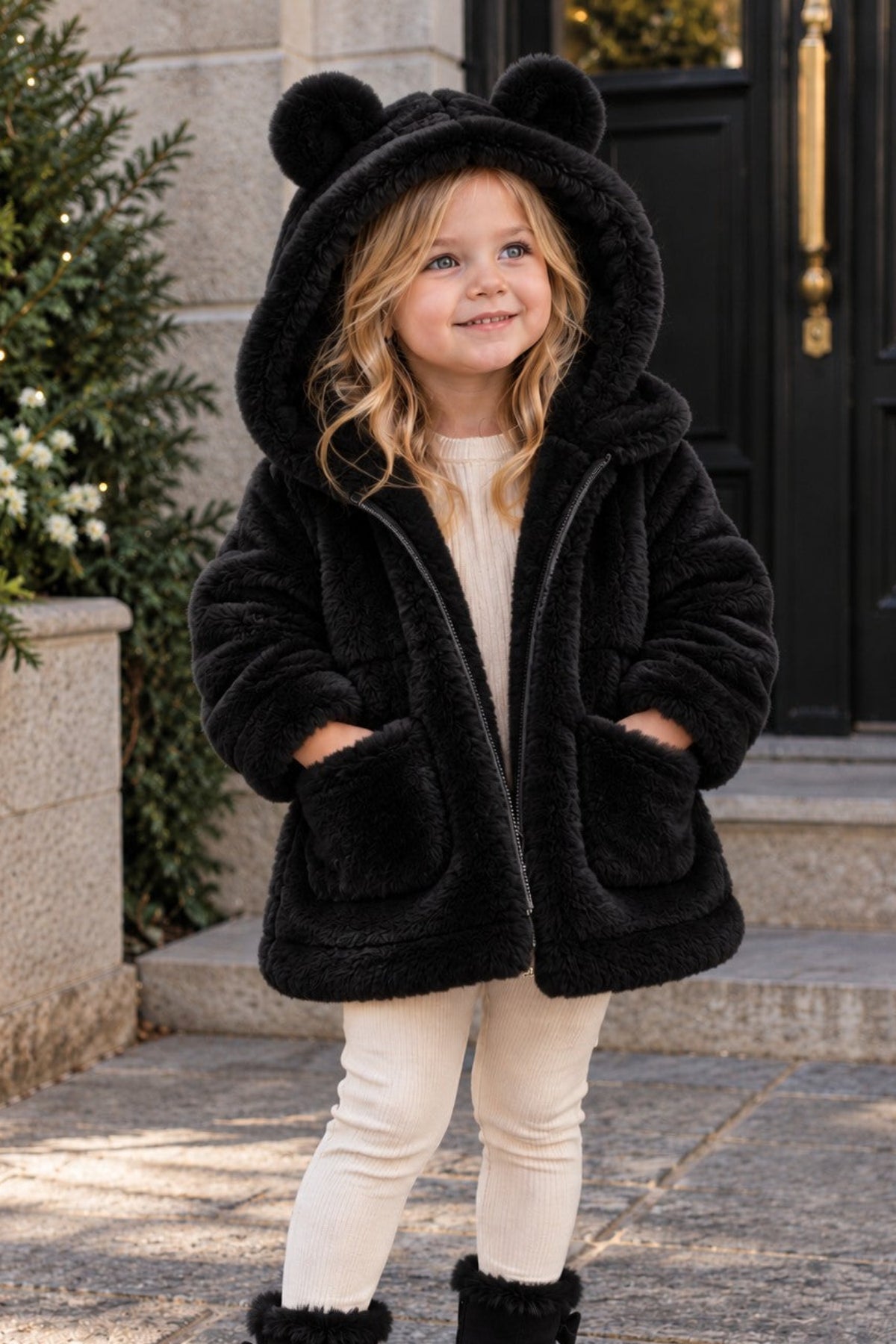A young girl wearing a black plush teddy bear hooded coat with ear flaps, cream pants, and black boots, standing on a stone walkway in front of a building.