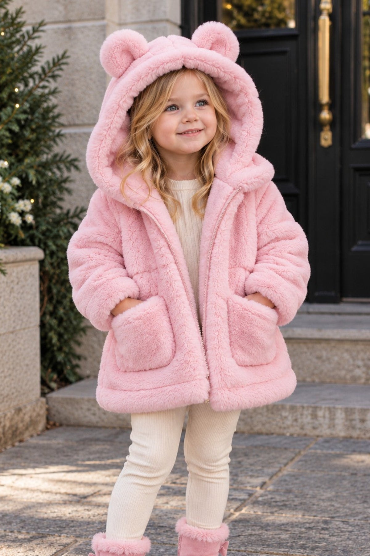 A young girl wearing a fluffy pink hooded jacket with bear ears, cream leggings, and pink boots, standing on stone steps in front of a building.