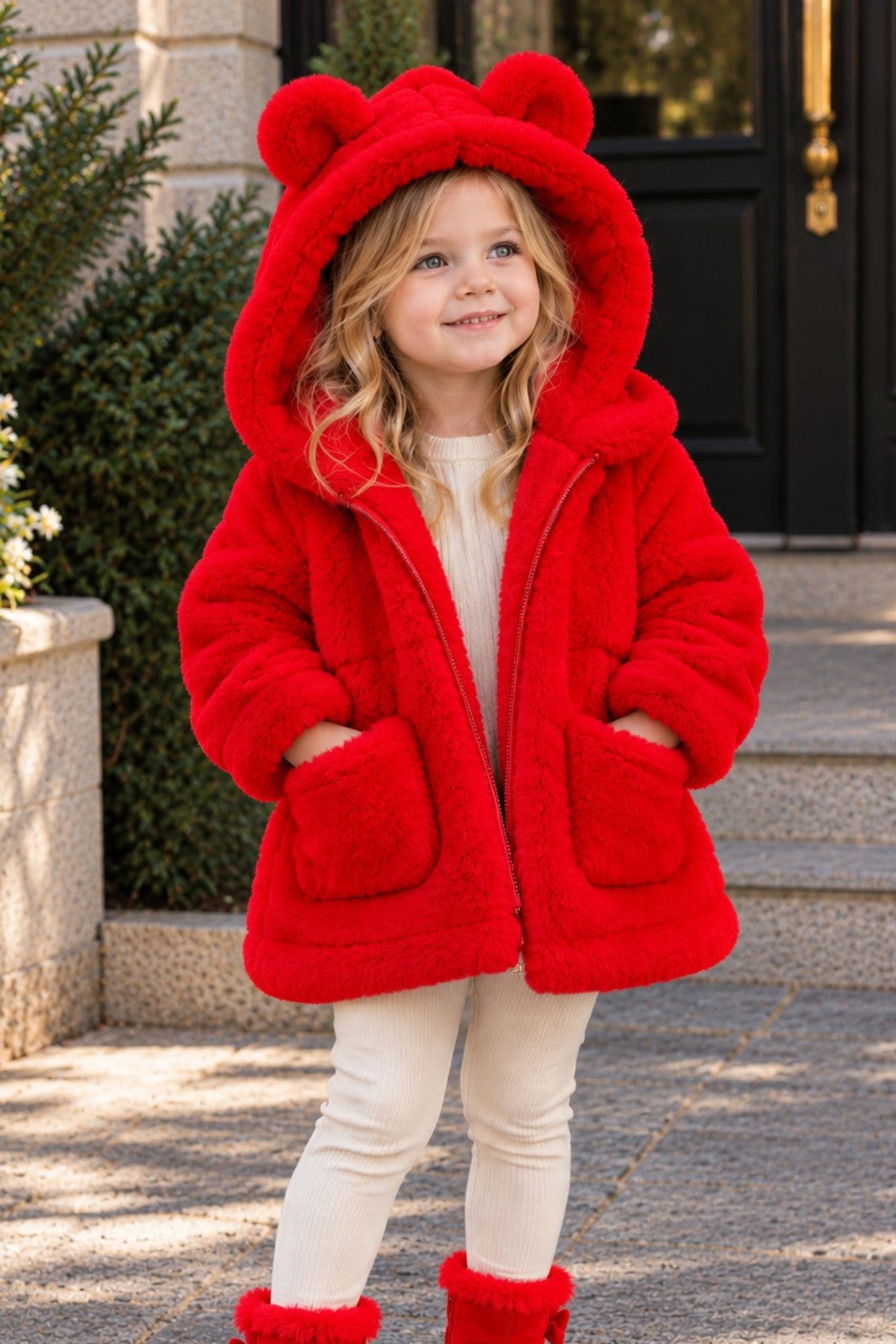 A young girl wearing a bright red plush hooded coat with bear ears, cream leggings, and red boots, standing on stone steps in front of a house.