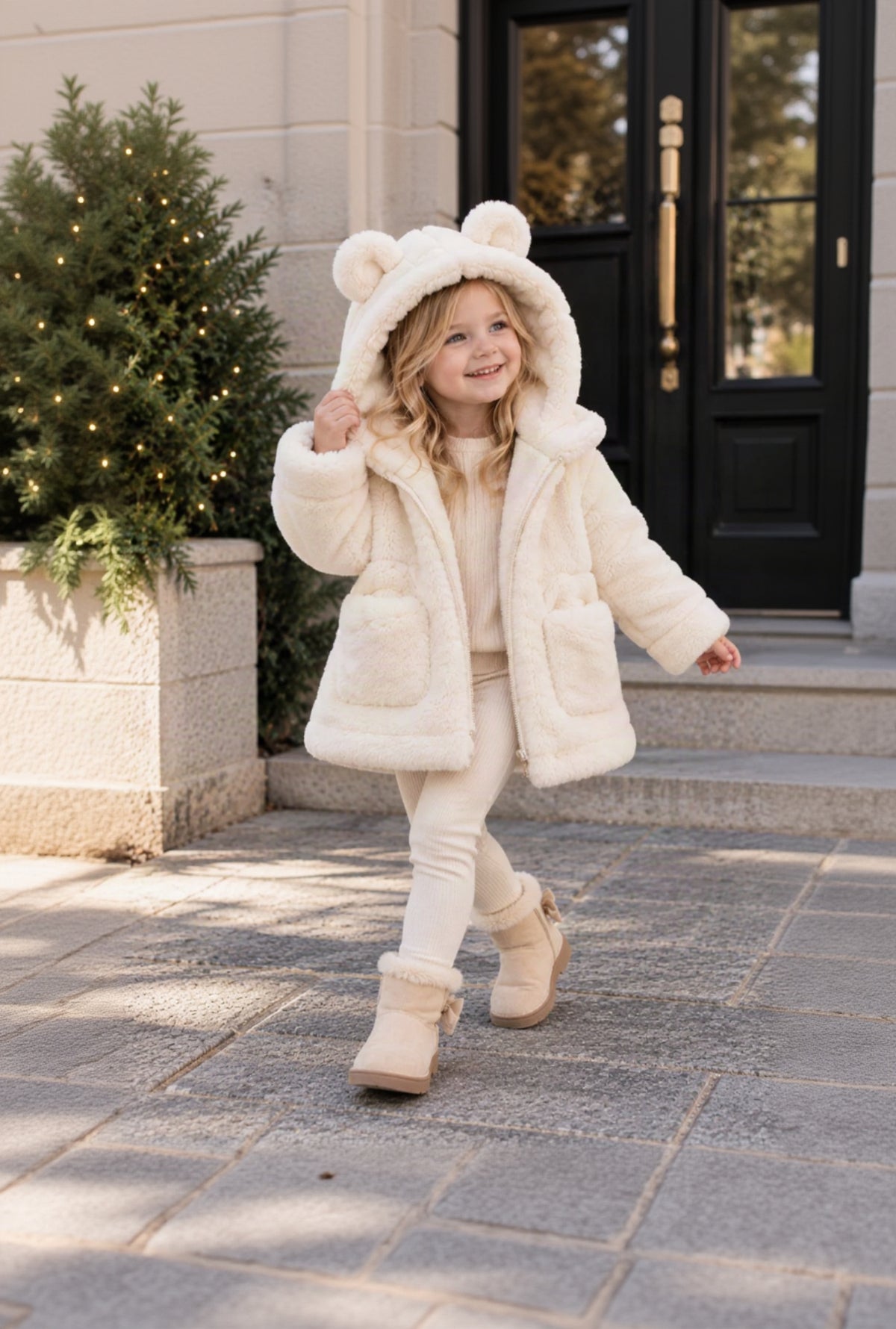 A young girl wearing a cream-colored plush teddy bear hooded coat with bear ears, walking outdoors on stone steps.