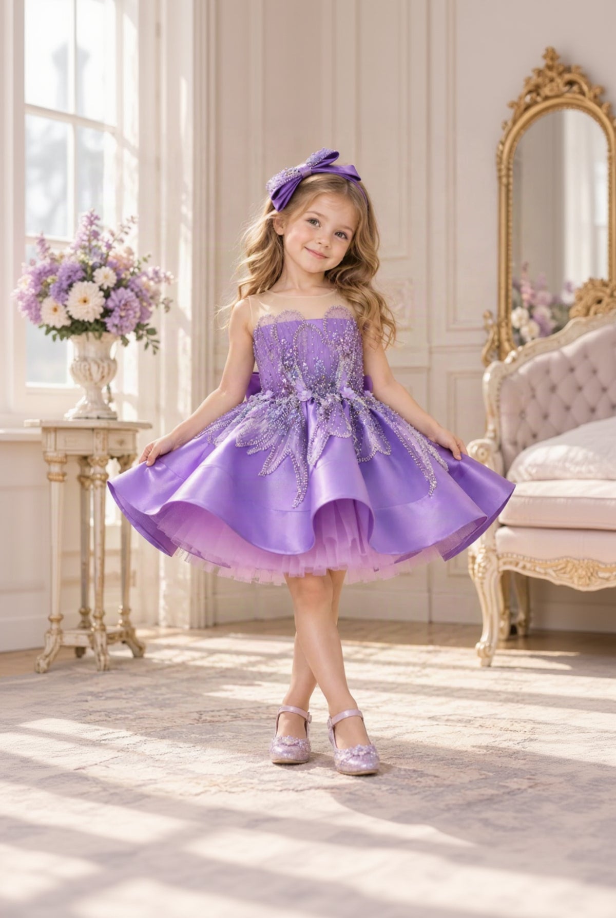 Girls Purple Satin Princess Party Dress – Bow Detail Birthday & Special Occasion Dress