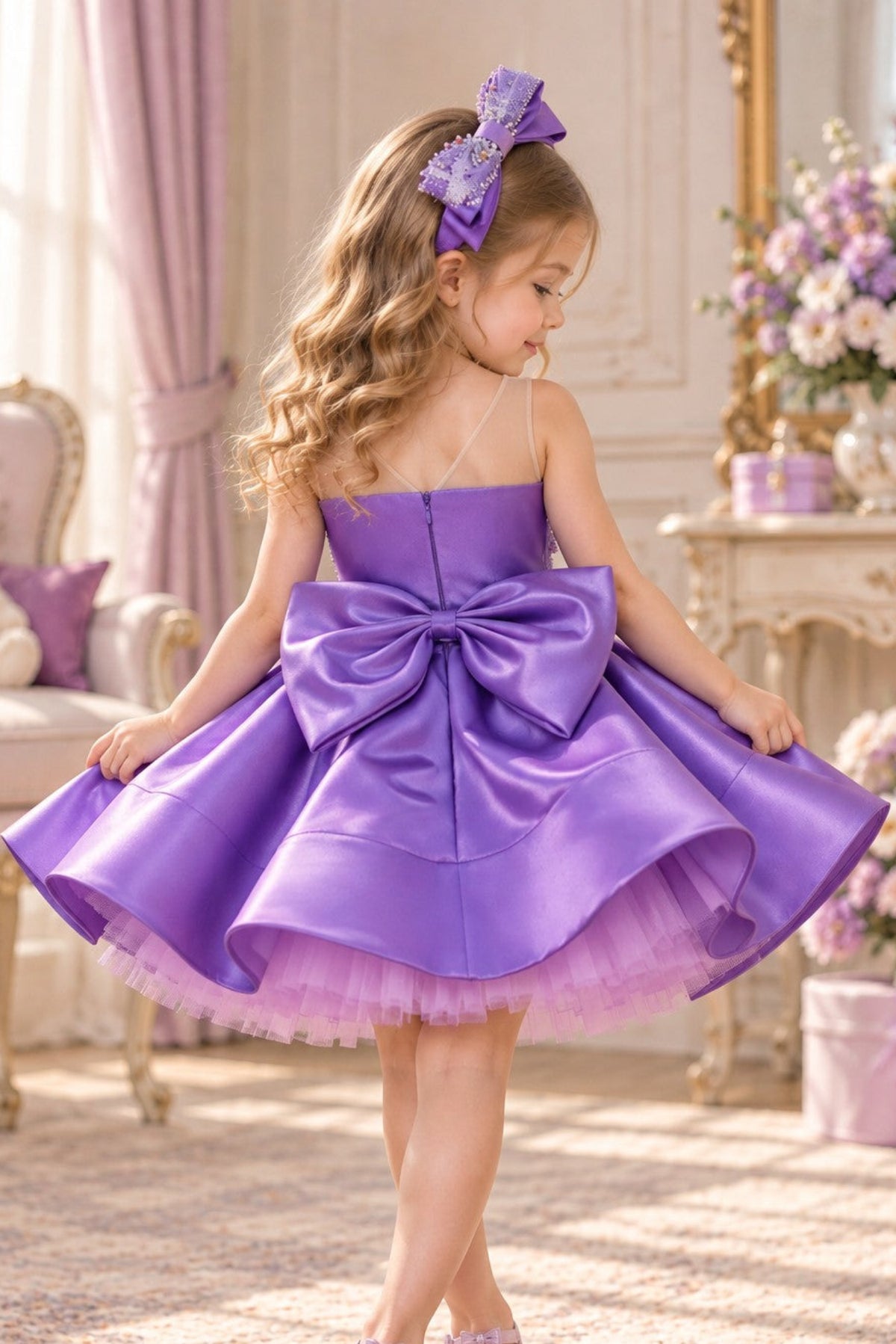 A young girl with long wavy blonde hair wearing a lavender satin flower girl dress with a large bow at the back and a matching bow in her hair, standing in a decorated room with purple and gold accents.