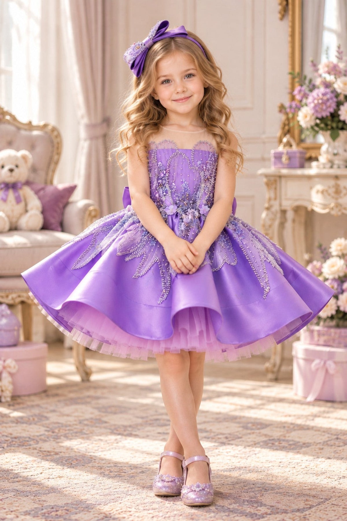 Girls Purple Satin Princess Party Dress – Bow Detail Birthday & Special Occasion Dress