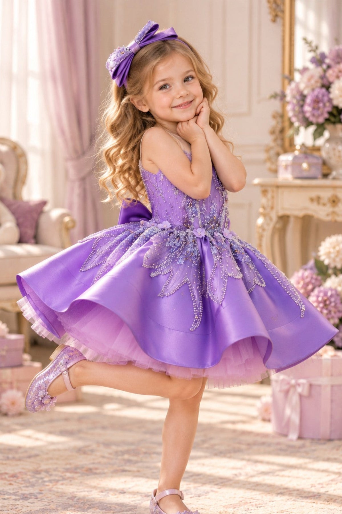 Girls Purple Satin Princess Party Dress – Bow Detail Birthday & Special Occasion Dress
