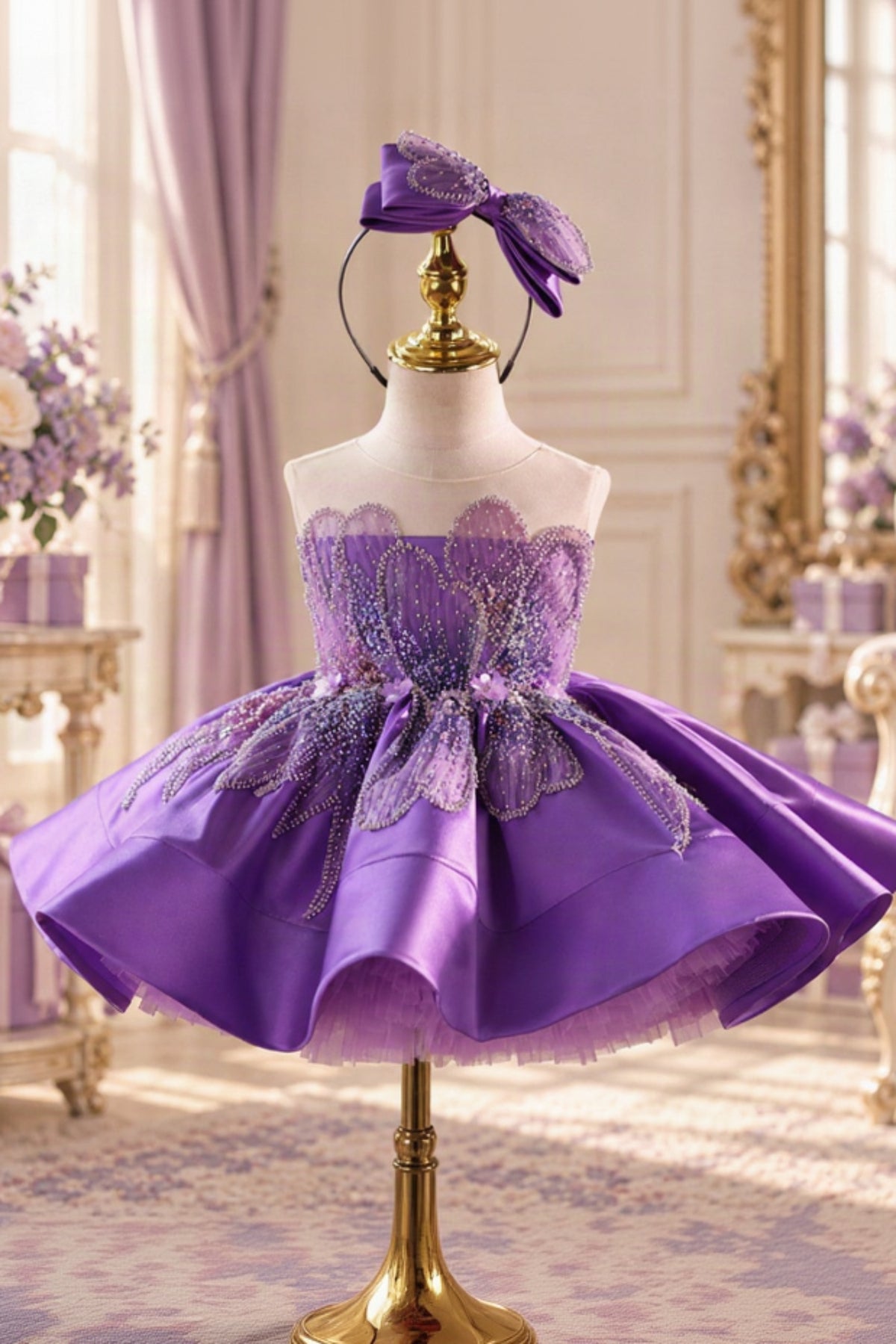 Girls Purple Satin Princess Party Dress – Bow Detail Birthday & Special Occasion Dress