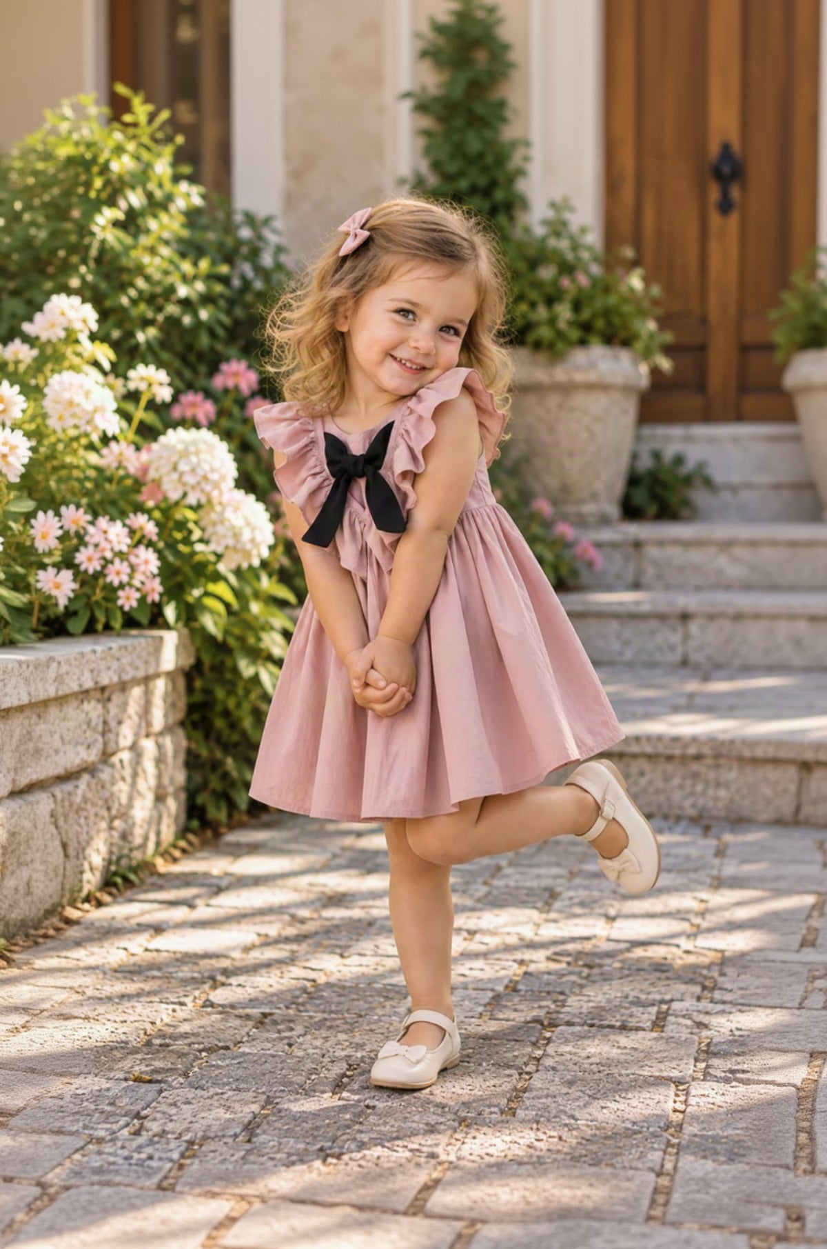 A young girl with blonde hair wearing a dusty pink sleeveless dress with ruffled shoulders and a black bow at the chest, standing on a stone pathway in a garden setting.