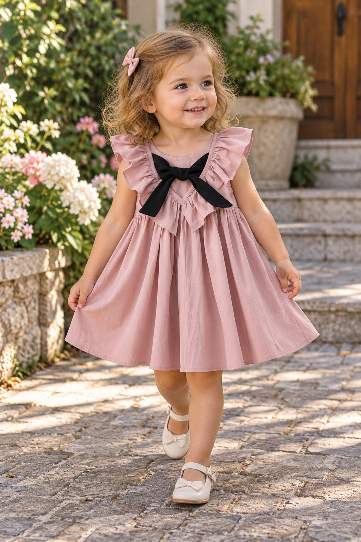 A young girl walking outdoors on a stone path wearing a dusty pink sleeveless dress with ruffled shoulders and a large black bow at the neckline, paired with white shoes.