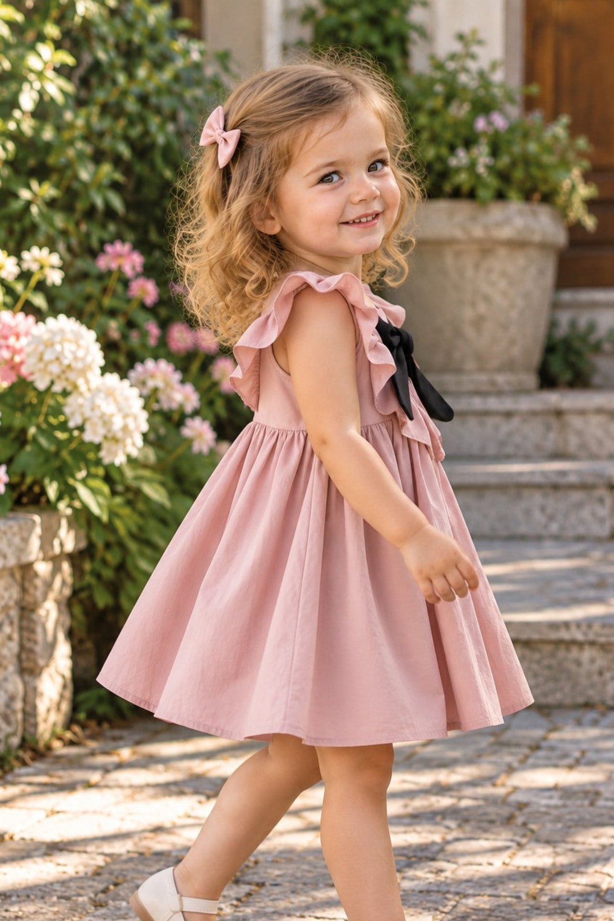 A young girl with curly blonde hair wearing a dusty pink sleeveless dress with ruffled shoulders and a black bow, walking outdoors on stone steps with flowers and a building in the background.