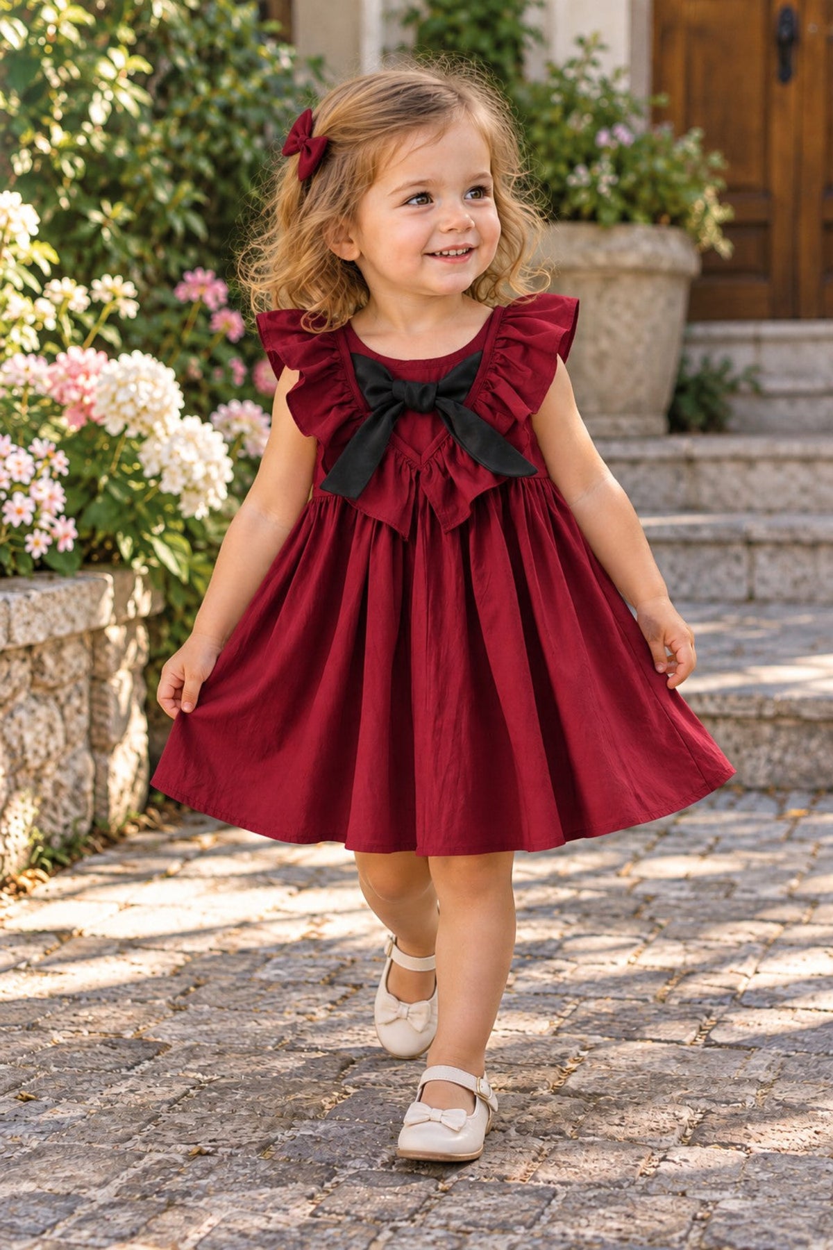 A young girl with blonde hair wearing a sleeveless burgundy dress with a black bow at the neckline, walking on a stone path in an outdoor garden setting.