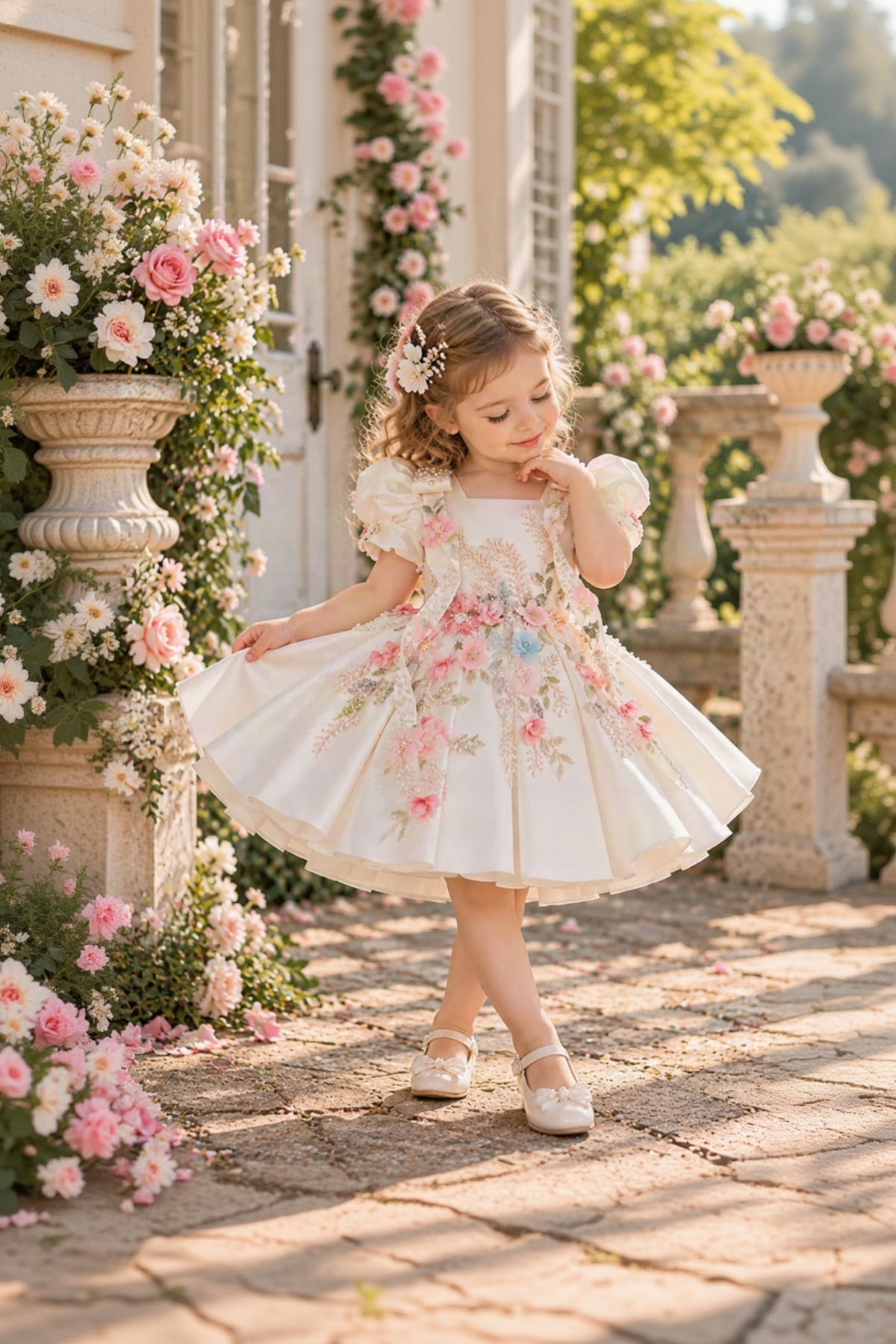 A young girl with blonde hair wearing a white puff-sleeve dress with pink and blue floral embroidery, standing in a garden courtyard with stone balustrades and pink roses.