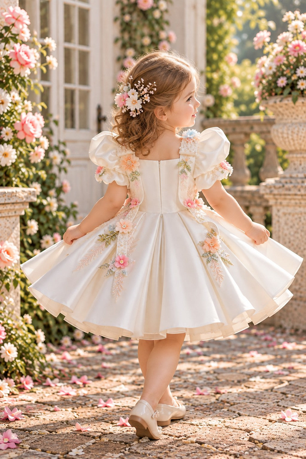 A young girl wearing a white tulle dress with pink floral appliqués and puff sleeves, standing in a garden courtyard with stone paving and blooming flowers.