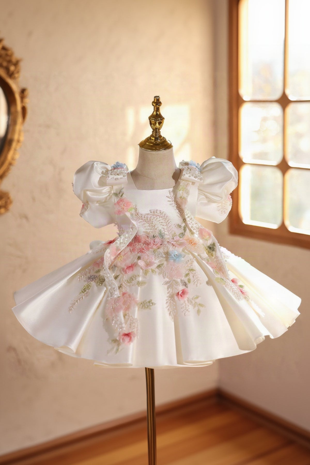 White floral dress on a mannequin against a neutral background