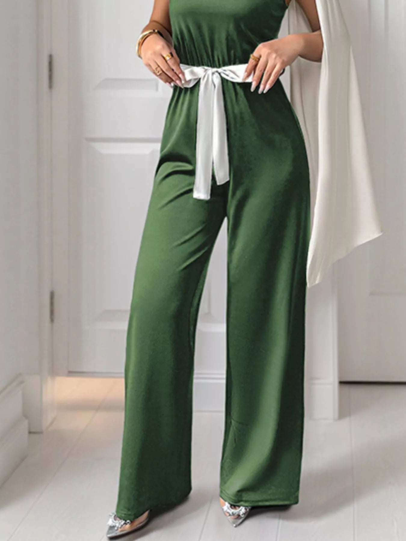 Green One-Shoulder Bowknot Wide Leg Jumpsuit Women