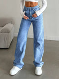 High Waist Wide Leg Blue Denim Jeans for Women