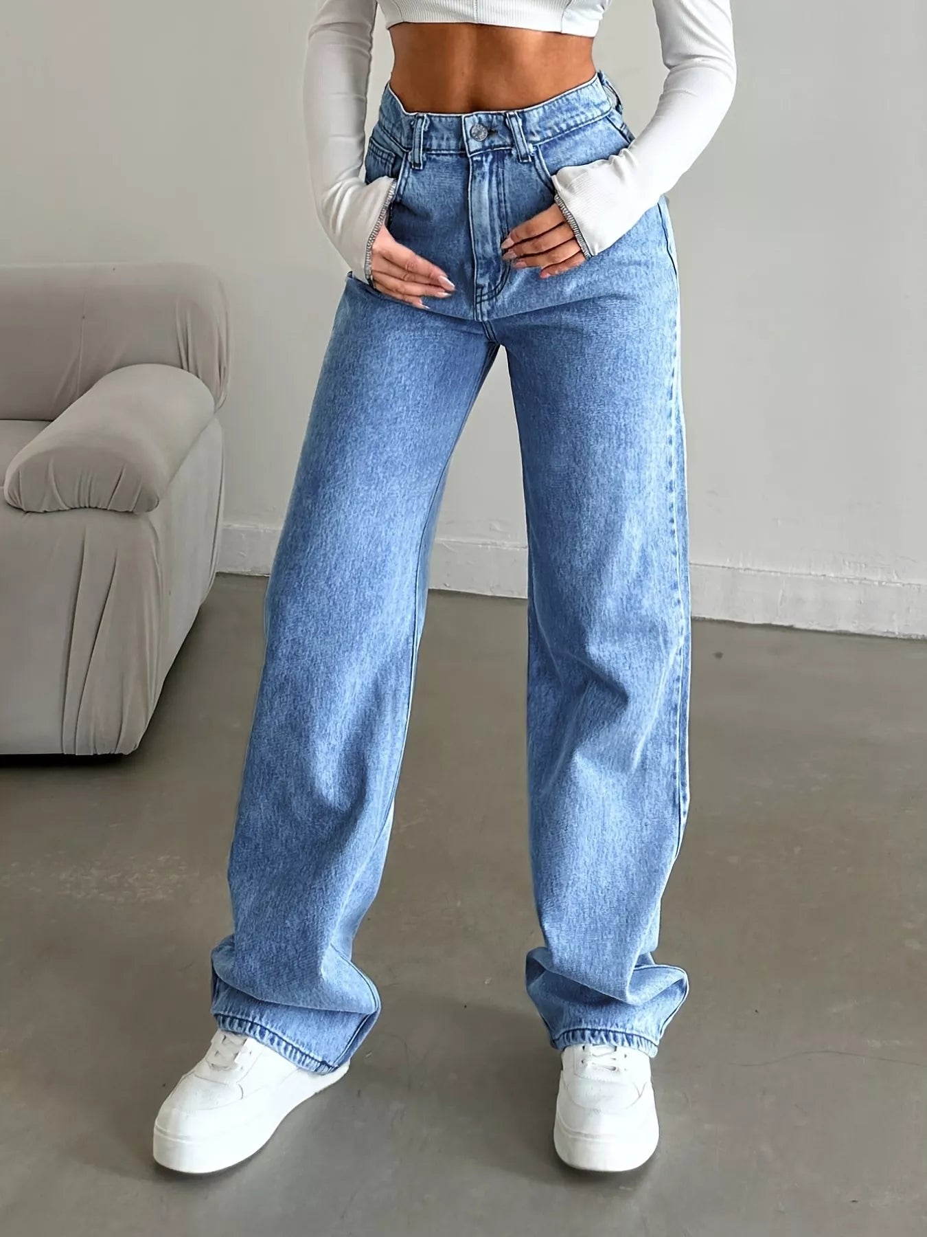 High Waist Wide Leg Blue Denim Jeans for Women